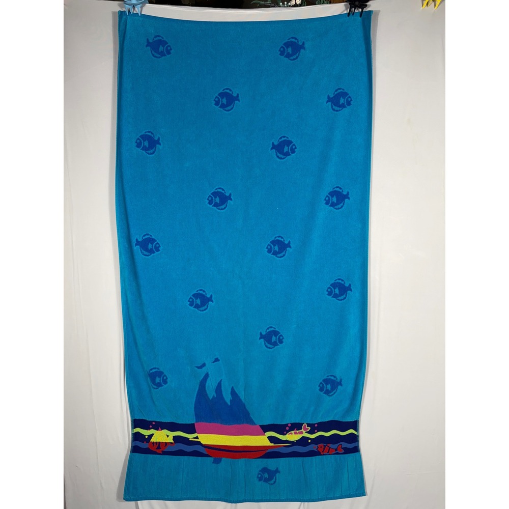 Vtg Reversible Beach Towel Blue Sailboat Fish Nautical 80s 90s Cotton Pool Large